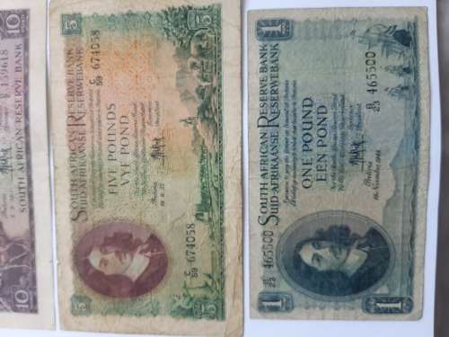 MH De Kock , South African various 1,5, 10 Poundand 10 Shillings  banknotes 1946-1957